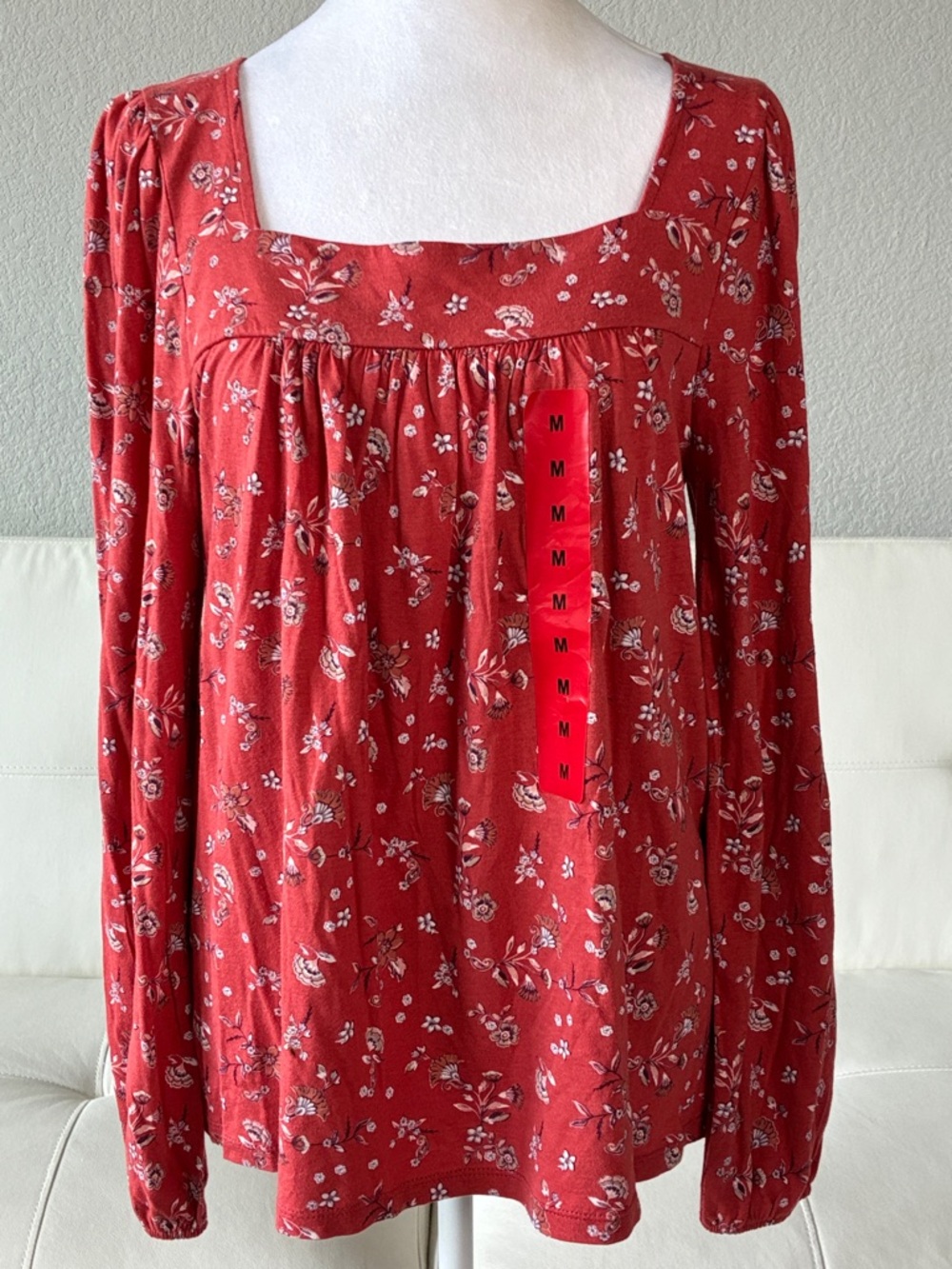 Lucky Brand Red Floral Square-Neck Long Sleeve Blouse